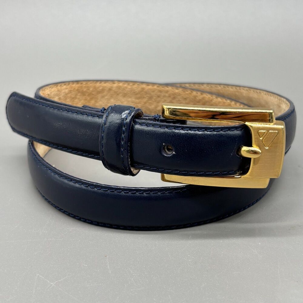 Liz Claiborne Leather Belt Navy Thin Skinny Gold Buckle Women Petite 1990